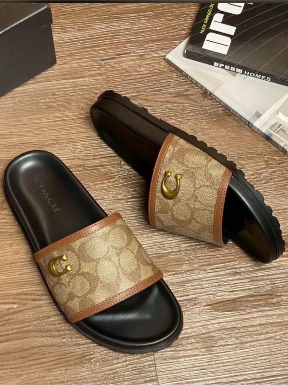 Coach Tan Signature Canvas & Black Slide Sandals with Gold Accent
